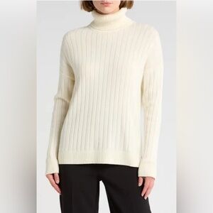 $320 Theory Governor Wool Cashmere Turtleneck Sweater Size XL Ivory Quiet Luxury